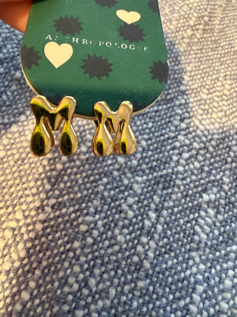 Anthropologie Gold M Drop Earrings on Green Heart Display - Picture 2 of 8